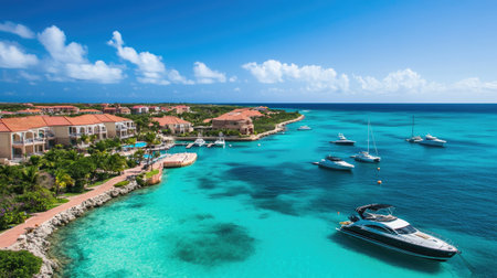 Experience the beauty of a tropical paradise featuring clear turquoise waters, luxurious yachts, and vibrant greenery under a bright blue sky. Perfect for travel inspiration.の素材