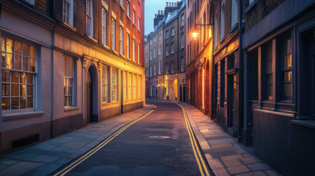A peaceful narrow street illuminated by warm lights at dusk, showcasing historical buildings and an inviting atmosphere, perfect for evening strolls and urban exploration.の素材