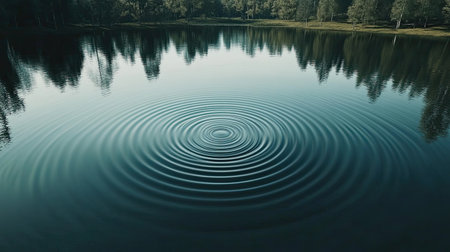 A serene lake surface with gentle ripples reflecting lush greenery, creating a calming atmosphere. This image captures the tranquility of nature in a beautiful outdoor setting.の素材