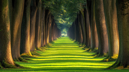 A beautiful pathway featuring tall trees and lush grass creates a serene atmosphere, inviting visitors to enjoy the calming essence of nature and reflect in a peaceful setting.の素材