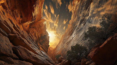 Explore a stunning view of a canyon at sunset, highlighting the dramatic colors of the sky, intricate rock formations, and the peaceful ambiance of nature's wilderness.の素材