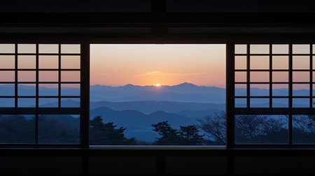 A stunning sunrise view through a traditional Japanese window, showcasing serene mountains and soft colors to evoke a sense of peace and natural beauty.の素材