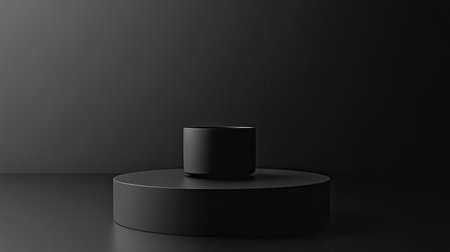 A minimalist black cup placed on a circular pedestal in a dark environment, offering a perfect backdrop for modern product photography and artistic presentations.の素材