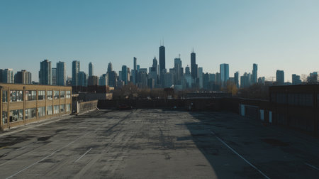 A stunning view of the Chicago skyline showcases tall skyscrapers against a bright blue sky, with an empty lot in the foreground highlighting urban life. Perfect for city-themed visuals.の素材