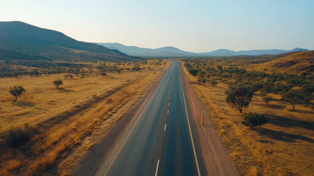 A serene view of an empty highway stretching through a golden landscape, framed by gentle hills under a clear blue sky, symbolizing adventure and freedom.の素材