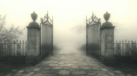 A captivating view of a foggy garden entrance, featuring ornate iron gates and a stone pathway, creating an atmosphere of mystery and tranquility amidst swirling mist.の素材