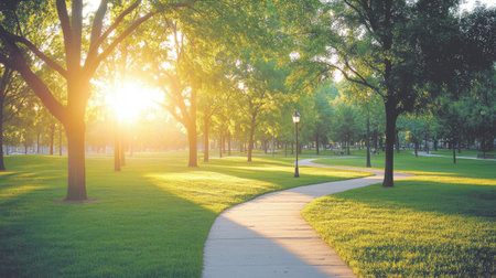A tranquil and scenic pathway winds through a lush green park, illuminated by warm sunlight filtering through vibrant trees on a peaceful summer morning.の素材