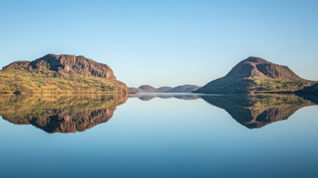 A stunning view of mountains reflecting on a still body of water during sunrise, surrounded by lush greenery, creating a peaceful and serene atmosphere in nature.の素材