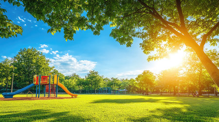 A picturesque playground featuring a slide and swing set sitting in a lush green space, surrounded by trees, under a bright sky filled with sunlight. Ideal for outdoor fun.の素材