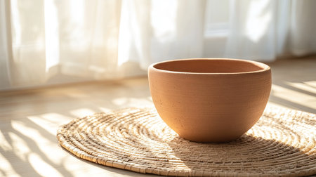 A serene scene showcasing a simple clay bowl on a natural straw mat, illuminated by soft sunlight filtering through sheer curtains, perfect for interior decoration.の素材