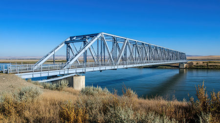 A stunning blue steel truss bridge spans a tranquil river, surrounded by lush greenery and rolling hills, showcasing modern engineering in a serene natural setting.の素材