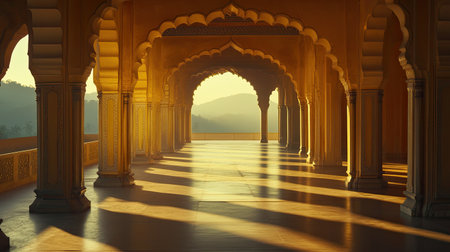 Discover the beauty of an ancient palace interior bathed in soft golden light, showcasing intricate arches and serene shadows that create a tranquil atmosphere.の素材