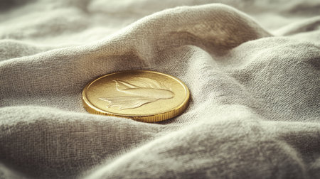 A close-up view of a golden coin featuring a fish design, elegantly placed on soft fabric, highlighting themes of wealth, luxury, and artistic expression in a serene setting.の素材