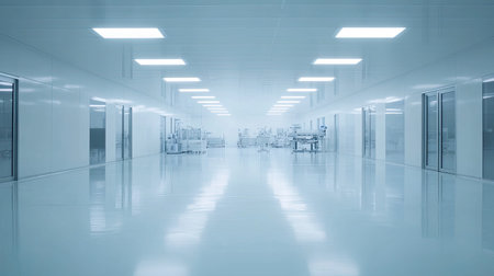 A sleek and pristine hospital corridor featuring bright lighting and advanced medical equipment, exemplifying a clean and sterile environment for healthcare services.の素材