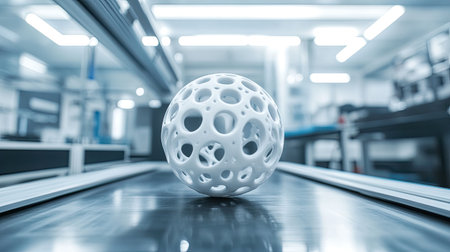 A captivating abstract image featuring a white spherical object with holes, set against a modern industrial background, highlighting creativity and design in a bright workspace.の素材