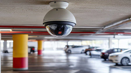 A high-tech surveillance camera positioned in a modern parking garage, providing effective monitoring and safety for vehicles in the well-lit area surrounded by colorful pillars.の素材