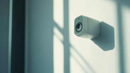 A sleek modern security camera is elegantly mounted on a wall, capturing the interplay of natural light and shadows, ideal for home safety and surveillance.の素材