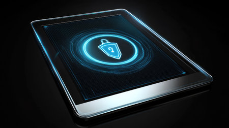 A futuristic tablet with a glowing security icon showcases the concept of technology and cyber protection, set against a sleek black background, illustrating modern digital security solutions.の素材