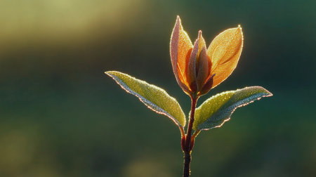 A close-up of a young leaf adorned with morning dew, beautifully illuminated by the soft light of sunrise, evoking feelings of freshness, growth, and renewal in nature.の素材