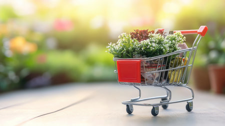 A charming shopping cart filled with blooming plants brings a touch of nature to any space, set against a beautifully blurred garden scene, perfect for lifestyle themes.の素材