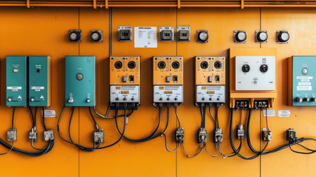 Industrial control panel showcases a collection of electrical instruments and switches against a vibrant orange background, illustrating modern technology in a functional environment.の素材