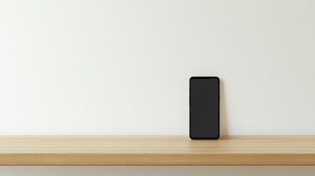 A sleek smartphone positioned on a wooden shelf, with a light wall backdrop, creating a modern and minimalistic aesthetic perfect for technology or interior projects.の素材