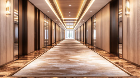 Discover an elegant hotel corridor showcasing modern design elements and warm lighting. The luxurious finishes invite guests into a stylish atmosphere of comfort and sophistication.の素材