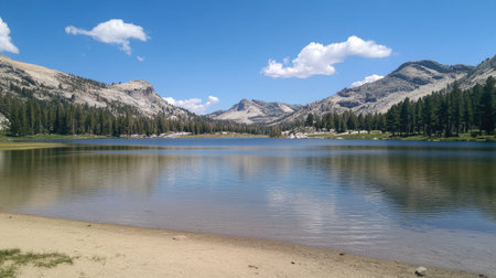 A breathtaking view of a calm lake nestled among majestic mountains and lush forests, under a bright blue sky with fluffy clouds, perfect for nature lovers and outdoor enthusiasts.の素材