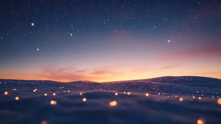 A breathtaking winter landscape at dusk, featuring a serene sky filled with stars and a soft snow-covered ground illuminated by gentle glowing lights, inviting tranquility.の素材