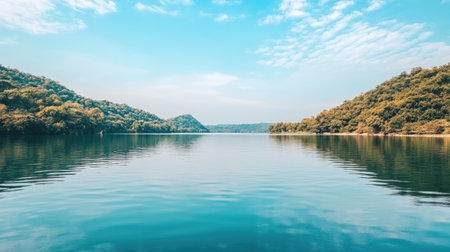 Experience the tranquility of a serene lake nestled between green hills, reflecting the blue sky and clouds, inviting moments of peace in nature's embrace.の素材