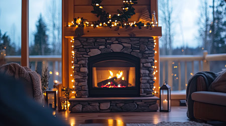 A serene living room scene featuring a beautifully lit fireplace adorned with holiday decorations, creating an inviting atmosphere perfect for cozy winter evenings.の素材