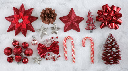 A vibrant arrangement of red and silver Christmas decorations, featuring stars, bows, and candy canes, perfect for holiday projects or festive designs.の素材