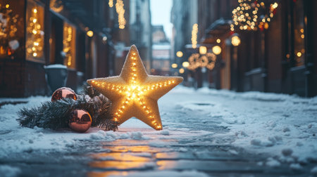 Festive winter scene showcasing a glowing star and shiny ornaments in a snowy urban street, beautifully decorated for the Christmas season. Perfect for holiday-themed visuals.の素材