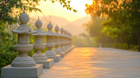 A serene sunset view showcasing beautifully lined lanterns along a peaceful pathway, surrounded by lush greenery and warm golden light. Perfect for nature lovers.の素材