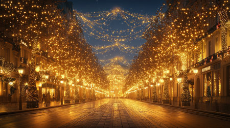 A captivating view of a street adorned with twinkling lights and festive decorations, creating a magical atmosphere perfect for holiday celebrations in an urban setting.の素材