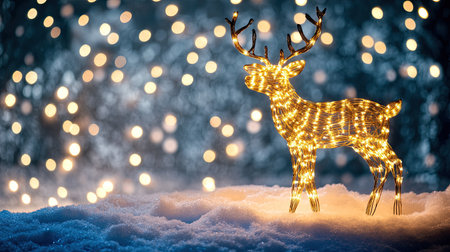 A beautifully illuminated reindeer figurine stands in a snowy landscape, surrounded by shimmering bokeh lights, creating a magical and festive atmosphere perfect for winter celebrations.の素材