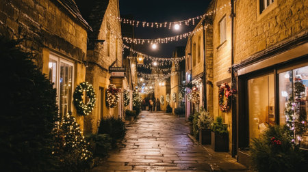 Explore a picturesque village street adorned with beautiful holiday lights and decorations, capturing the essence of winter festivities in a cozy atmosphere.の素材