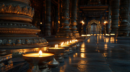 Experience the serene ambiance created by flickering candles in an ornate temple, highlighting intricate architectural details and reflective polished stone at dusk.の素材