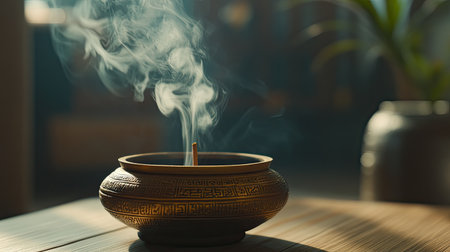 An elegant incense burner with wispy smoke gracefully rising, creating a serene and calming atmosphere in a cozy indoor setting perfect for relaxation and meditation.の素材