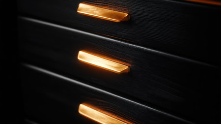 A beautiful close-up image showcasing a black wooden drawer with striking golden handles, perfect for highlighting contemporary furniture and interior design concepts.の素材