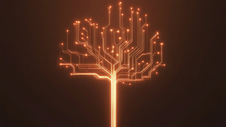 This artwork features a stunning tree design created from circuit patterns, glowing with electric light against a rich brown background, symbolizing the fusion of nature and technology.の素材