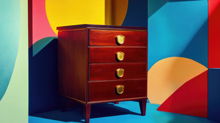 A beautifully crafted wooden chest of drawers, set against a vibrant backdrop of bold colors and geometric shapes, perfect for enhancing any modern living space.の素材