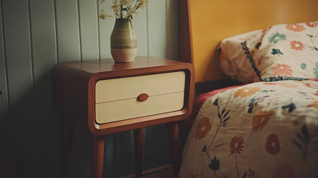 Inviting bedroom corner showcasing a stylish nightstand, vibrant floral bedding, and a charming vase with flowers, creating a warm and cozy atmosphere for restful relaxation.の素材