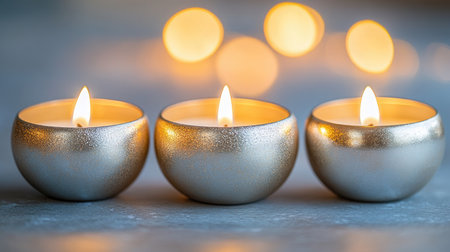 Three elegant silver candles emit flickering flames, creating a warm and inviting atmosphere. The soft blurred background enhances the calming and cozy mood, perfect for any setting.の素材
