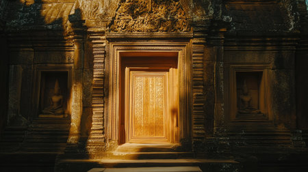 This stunning image showcases an ancient temple doorway highlighting intricate carvings and serene stone statues, bathed in warm golden light, evoking a sense of history and tranquility.の素材