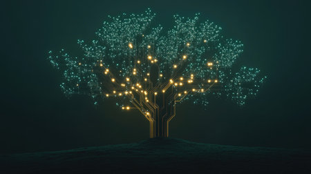 This artistic representation features a glowing tree with circuit-like patterns, merging natural beauty with technological elements against a dark backdrop, symbolizing digital harmony.の素材