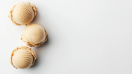 Three indulgent scoops of creamy vanilla ice cream sit on a clean white background, perfect for showcasing delicious dessert preparations or food styling ideas. Enjoy the simplicity!の素材