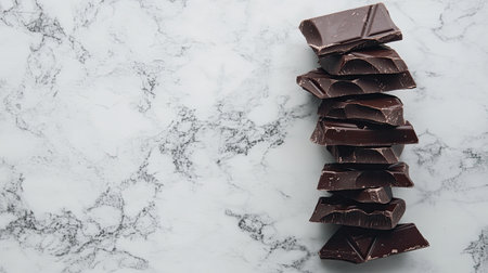 A collection of dark chocolate pieces arranged in a stack on a pristine marble surface, ideal for culinary presentations, food photography, and dessert inspirations.の素材