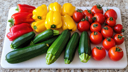 A vibrant arrangement of fresh vegetables featuring red and yellow bell peppers, green zucchinis, and ripe red tomatoes, perfect for meal preparation and healthy cooking.の素材