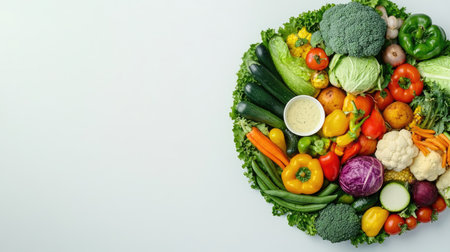 This vibrant arrangement features a variety of organic vegetables and fruits set on a lettuce base with a creamy dip, perfect for healthy meal inspirations and culinary creativity.の素材